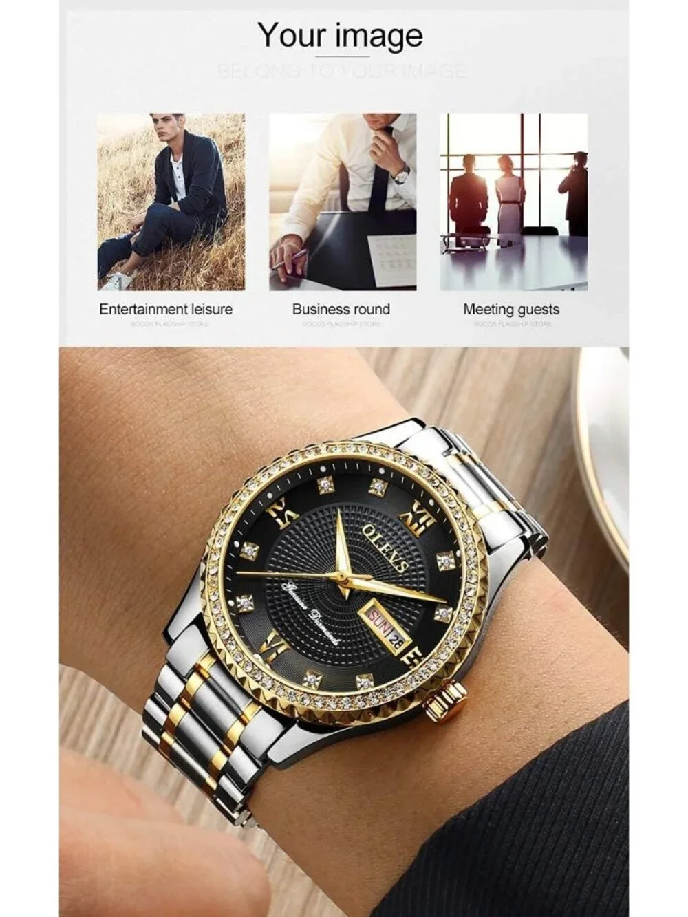 Men's Silver Black Diamond Stainless Waterproof Luminous Analog Luxury Watch